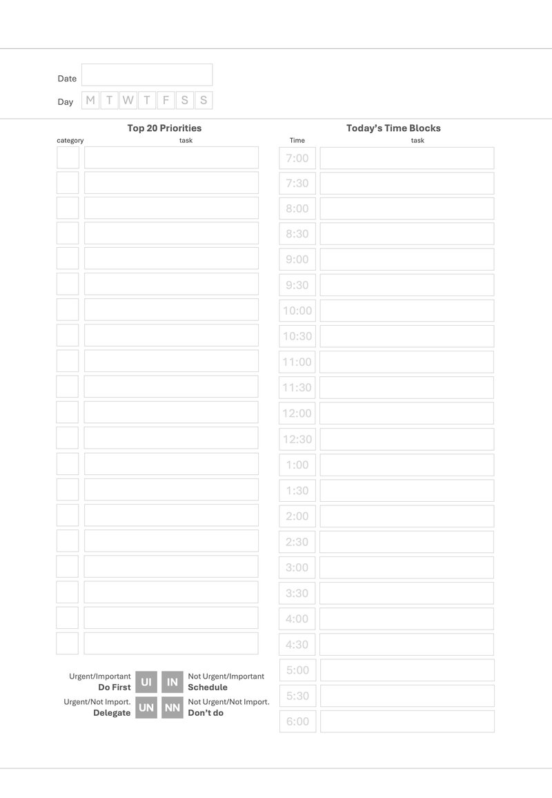 Shinka left page: daily priorities and time blocking schedule with Eisenhower Matrix